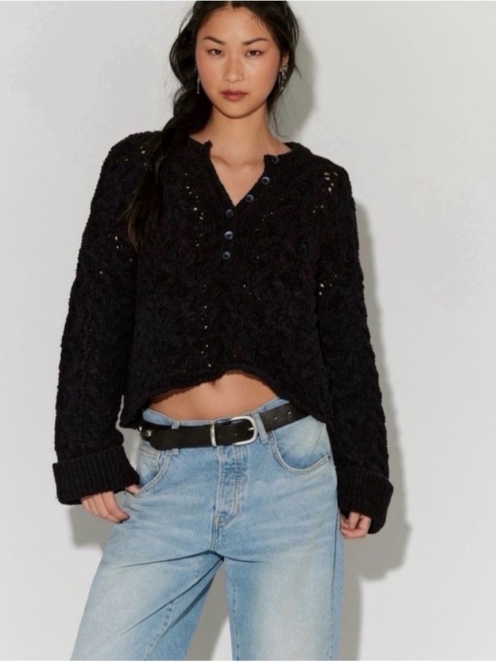 NWT Free People Polly Cable Knit Henley Cardigan Sweater Black XS